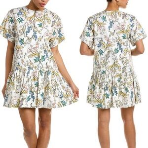 AMUR Zazie Mini Dress White Floral Sz 0 Drop Waist Babydoll Short Sleeve Cotton